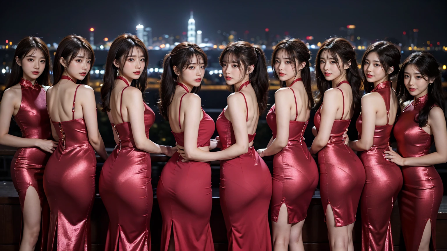 (Highest quality、Ultra-high definition images、32K、masterpiece:1.3)、(Beautiful woman:1.2)、(8 girls:1.3)、Back pose、Shooting from behind)、(Red Chinese Dress)、The panty line is sheer、ponytail、Highly detailed face、Lips Detail、Detailed Eyes、double eyelid、Saggy breasts、Happy smile、Bright photo、Hong Kong night view