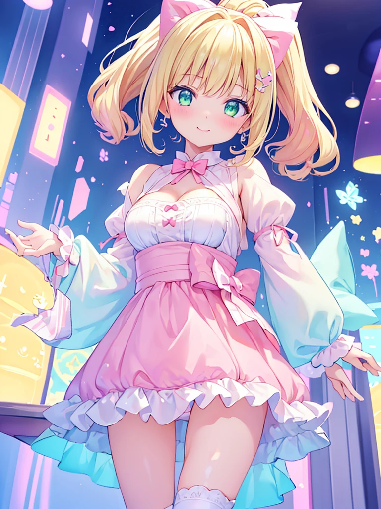 Tabletop,  longing, Cleavage close-up, Big eyes, Kawaii Tech, cute, cute, pastel colour, Highest quality, Cheerfulness, Deep Background, Symmetric, Tilt your head、、、、、1人のGirl, Light Smile, Glowing Skin, Highest quality, Tabletop, (Game CG:1.4), Browsing Caution, Beautiful face and eyes in every detail,,, Shot from below, looked back、 High resolution, (A face with attention to detail),, ((((1人のGirl)))), ((( alone ))), Japanese, Delicate and beautiful, Perfect Face, Beautiful attention to detail, ((smile)), Fair skin, Real human skin, ((((13 years old )))), ((( cute, a bit ))), ((Big ample breasts)), Baby Face,(((ponytail))),Gym suit、masterpiece, Ultra-fine illustrations, Highest quality, Particles of light, Very detailed, 8k wallpaper, (Bright colors:1.2), alone, ((Girl)), Big Breasts, (Blonde), Disheveled Hair, short hair, Twin tails, Two Side Up Hair, Scrunchie, Curly Hair, Shiny Hair, Glowing Skin, (She wears a light pink and white horizontal striped dress., Short sleeve), (Frilled mini skirt), (White legwear), ((horizontal striped panties)), (Beautiful green eyes, Shining Eyes, Big eyes), 愛情深いsmile, 魅惑的なsmile, Mouth closed, Blushing, (Prank Room), (Pink Bed), (Pink pillow), (Pink Curtains), Recall, Get down on all fours, Browsing Caution, sunlight, Shadow,