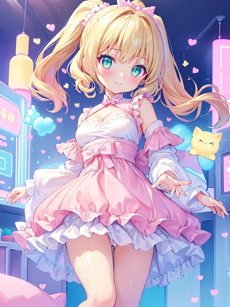 Tabletop,  longing, Cleavage close-up, Big eyes, Kawaii Tech, cute, cute, pastel colour, Highest quality, Cheerfulness, Deep Background, Symmetric, Tilt your head、、、、、1人のGirl, Light Smile, Glowing Skin, Highest quality, Tabletop, (Game CG:1.4), Browsing Caution, Beautiful face and eyes in every detail,,, Shot from below, looked back、 High resolution, (A face with attention to detail),, ((((1人のGirl)))), ((( alone ))), Japanese, Delicate and beautiful, Perfect Face, Beautiful attention to detail, ((smile)), Fair skin, Real human skin, (((( )))), ((( cute, a bit ))), ((Big ample breasts)), Baby Face,(())),Gym suit、masterpiece, Ultra-fine illustrations, Highest quality, Particles of light, Very detailed, 8k wallpaper, (Bright colors:1.2), alone, ((Girl)), Big Breasts, (Blonde), Disheveled Hair, short hair, Twin tails, Two Side Up Hair, Scrunchie, Curly Hair, Shiny Hair, Glowing Skin, (She wears a light pink and white horizontal striped dress., Short sleeve), (Frilled mini skirt), (White legwear), ((horizontal striped panties)), (Beautiful green eyes, Shining Eyes, Big eyes), 愛情深いsmile, 魅惑的なsmile, Mouth closed, Blushing, (Prank Room), (Pink Bed), (Pink pillow), (Pink Curtains), Recall, Get down on all fours, Browsing Caution, sunlight, Shadow,