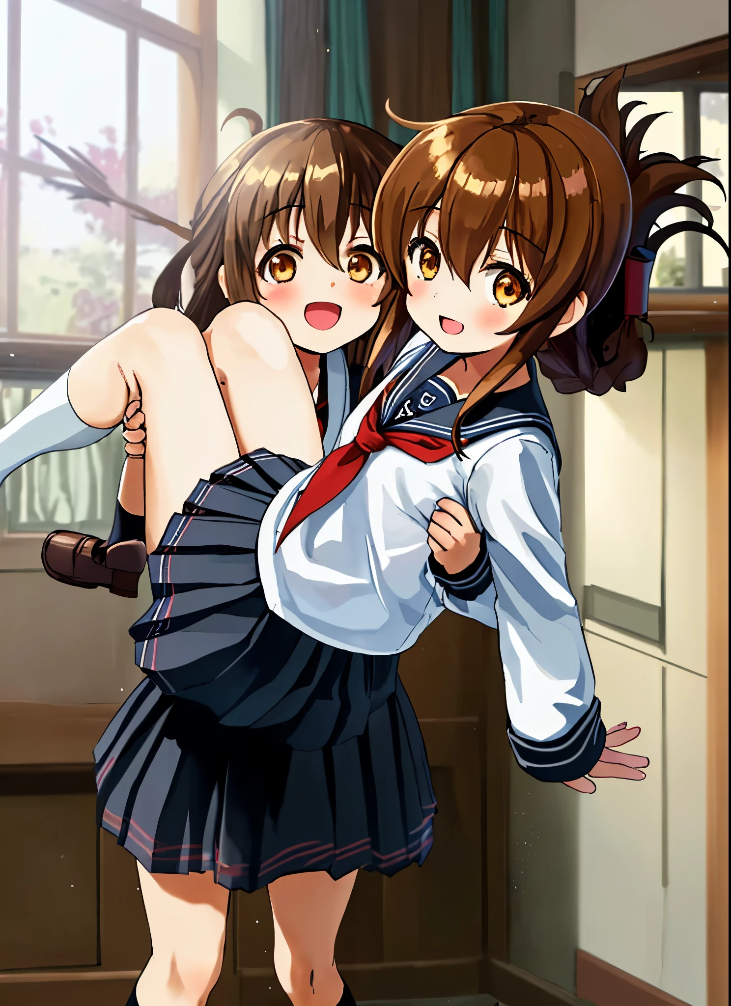 long hair, looking at viewer, blush, smile, open mouth, bangs, multiple girls, skirt, brown hair, shirt, long sleeves, 2girls, hair between eyes, brown eyes, , braid, :d, sidelocks, pleated skirt, shoes, serafuku, socks, indoors, black skirt, sailor collar, neckerchief, kneehighs, window, brown footwear, curtains, black socks, loafers, carrying, red neckerchief, black sailor collar, folded ponytail, wooden floor, princess carry, inazuma \(kancolle\)