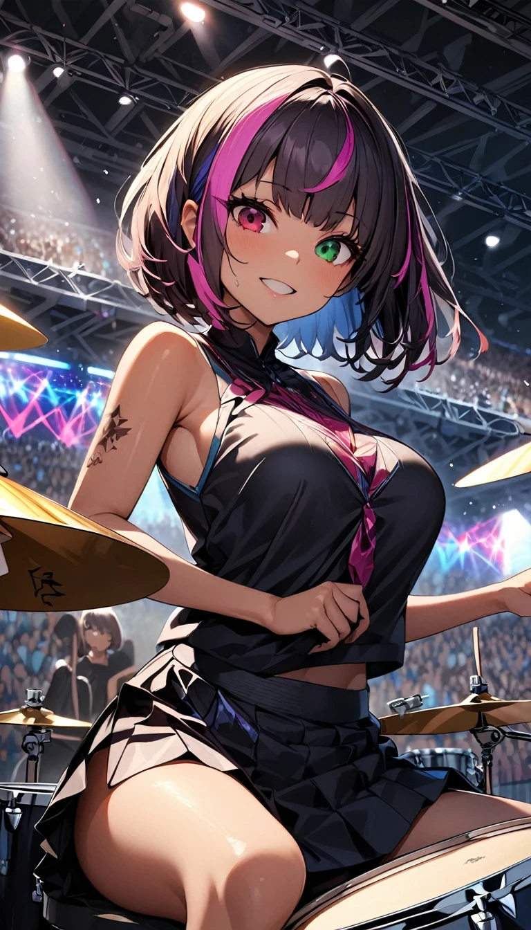 (highest quality:1.2, Very detailed, up to date, Vibrant, Ultra-high resolution, High Contrast, masterpiece:1.2, highest quality, Best aesthetics), girl、slim, ((drummer:1.8)), heterrochromia, green eye, red eye, Passionate performance、stage、Bright colors、Beautiful fine details、Beautiful lip detail、extra short hair, ((bob cut:1.5))、pink and purple ((streaked hair:1.9)), (highlights hair: 1.6), middium breast, (tan skin:1), Concert Light、Edgy Style、colorful Cheongsam, (no sleeve:1)、Dynamic Movement、hypnotic sounds, (girl playing a drum set,drum performance,drums,Drumstick,sitting:1.2), The drum set includes Bass Drum, Floor tom, Snare drum, Rack tom, Hi-hat, Crash cymbal, Ride cymbal.)), Stadium、amplifier、Loud music、,Sparkling stage、Concert atmosphere、Music Festival、Full of emotion、Rock star attitude、Resolute expression、Avid Fan、The presence of an attractive stage、 Expressive gestures、Rock star aura、An exciting atmosphere、An unforgettable show, (Floral Fineline tattoo design on right arm:1), View from the audience side