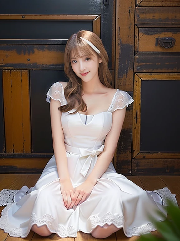 Photo-realistic quality、A woman in a white dress is sitting on the floor,  Gorgeous Young Japanese Woman, Beautiful Japanese Women,  Romantic Dress, Beautiful young Japanese woman,  Elegant white dress, Cute Japanese Idol、looking at the camera、Detailed and beautiful eyes、Cute smile、Relaxed and gentle expression
