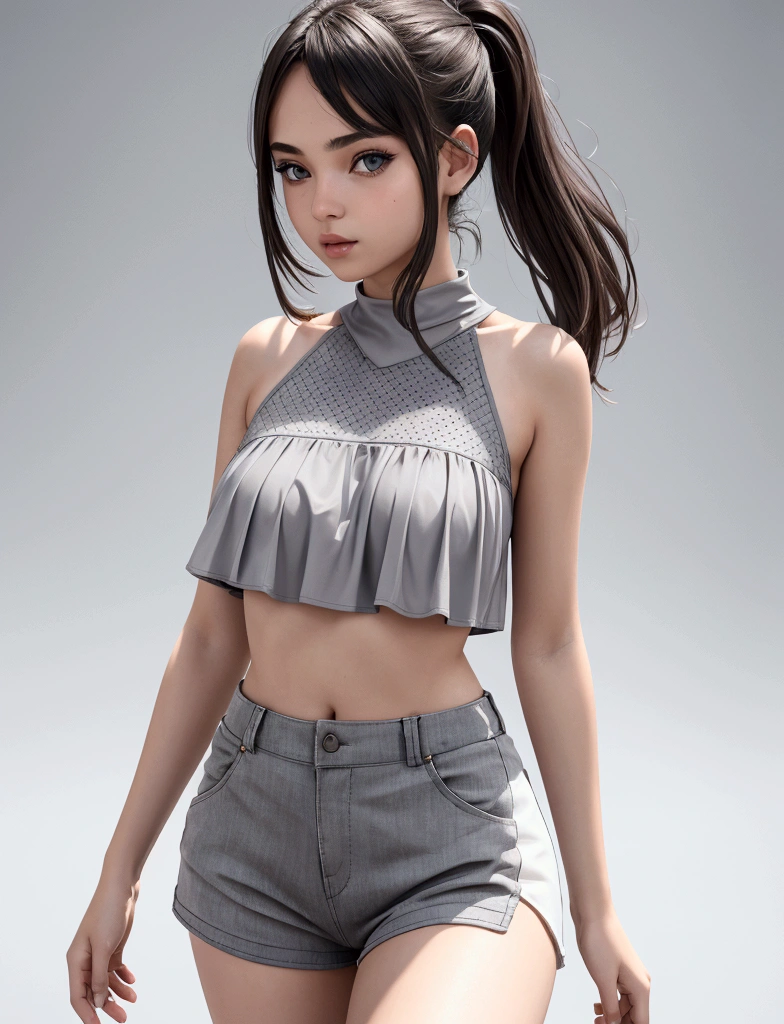 Best texture, high quality, ultra HD, 8K, sexy teen girl crop summer outfit grey background