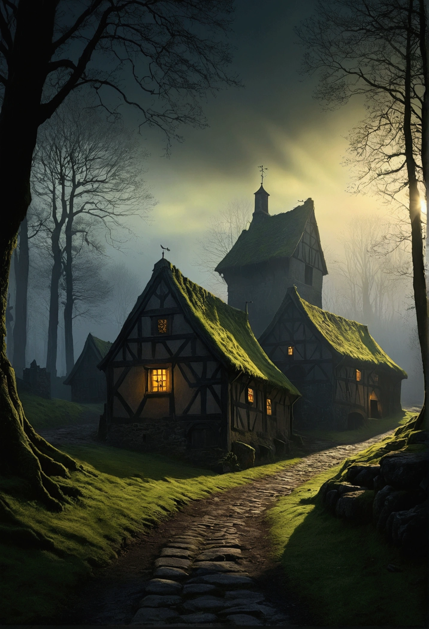 realistic dark oil painting of a medieval village at sunrise, Mossy, haze, Foggy, Shadow, hazeerious, Mythical, dark, Rays of light shine through the forest, Ambient, Depth of written boundary, Volumetric lighting, Cinema Lighting, Sulky, heavy darkness, Black Sky, Low angle view, By Eyvind Earl