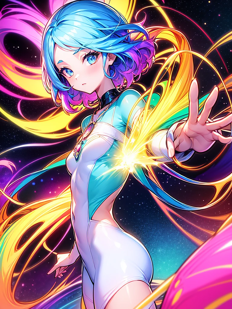 Close-up of a woman with colorful hair and necklace, Anime girl with space-like hair, Soft vitality of Ross Dres, Gubes-inspired artwork, Fantasy art style, colorful], Vivid fantasy style, Ross draws vibrant cartoons, cosmic and colorful, Gwaiz, colorful digital fantasy art, Great art style, Beautiful anime style, White skin, Spiderman Costume,