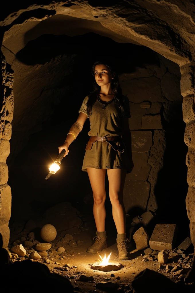 dark cave filled with ancient relics. A young archaeologist, holding a torch, looks surprised as she discovers a strange, glowing artifact on the ground. The cave walls are covered with mysterious symbols and old pottery shards.