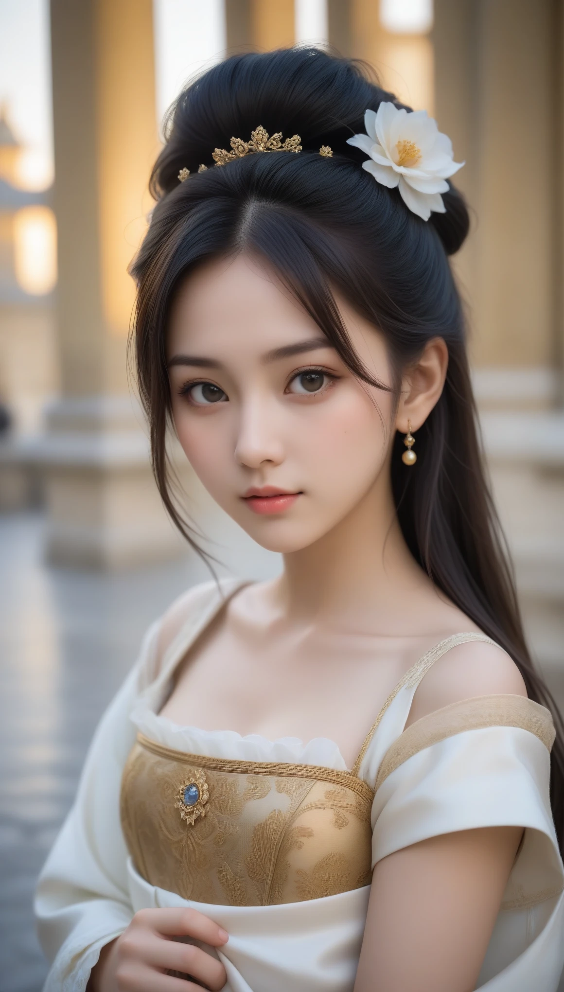 8k, Ultra-high resolution, Highest quality, masterpiece, 三分割法によるphotograph,Surreal, photograph, 1 Girl, (:1.3), pretty girl, Cute Face, Beautiful eyes in every detail, 細かくdetailedに,masterpiece,One Girl:1.2, Japan Female Announcer,upper body,disgust,Long black hair,Pulled back hair,(Dressed in medieval European clothing:1.3),(印象派の美しい少女のPortraiture), (Standing in the square of the Palace of Versailles:1.3), (After the Rain), (Sunset reflection), (Impressionist light and colour),Realistic Skin, Perfect and beautiful face ,完璧でCute Face, Skin with attention to detail, Perfect limbs、Narrow waist,Looking at the audience、beauty,Long neck,clavicle,(((Ideal body type))),A cup small breasts :2,Portraiture:2,Perfect Anatomy,鮮明なdetailed,detailed,Surreal,Light and shadow,darkness