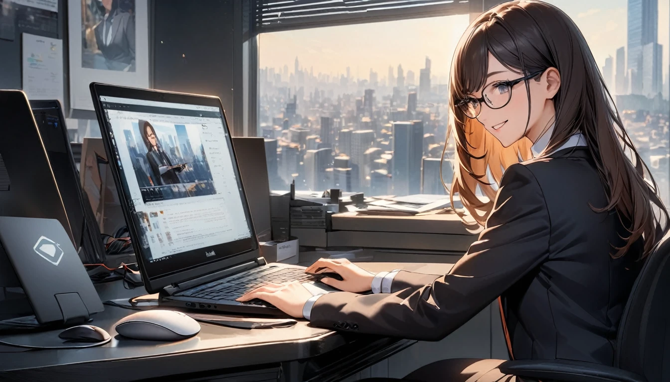 Office workers working on a computer,Portraiture,Professional,Wearing a smart suit,Stylish glasses,Typing on a sleek laptop,Use a wireless mouse,Sitting at a modern desk,Smile confidently,City skyline in the background,Soft natural light,High resolution,High resolution,Very detailed.One Woman ,alone