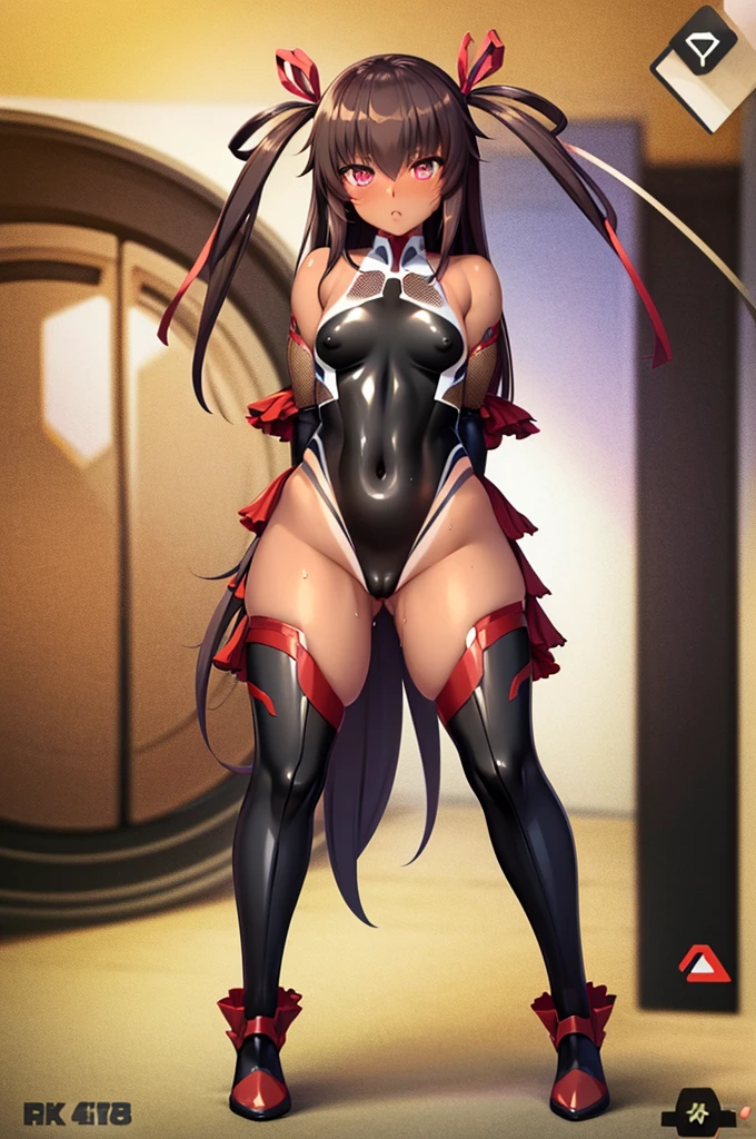 Browsing Caution, Highest quality,masterpiece,8k,One Girl,orgasm,blush, Sweat,mizuki yukikaze,Hair Ribbon, Black leotard, taimanin suit, One Piece Tan, - Elbow hand pockets, Fur trim, Fingerless gloves, Frilled leotard, Thigh-high boots　Leg spread, Open legs,, show off　masterpiece, 8k, Super detailed, Highest quality, High resolution)、Highest quality、Short and plump、、Perfect balance、