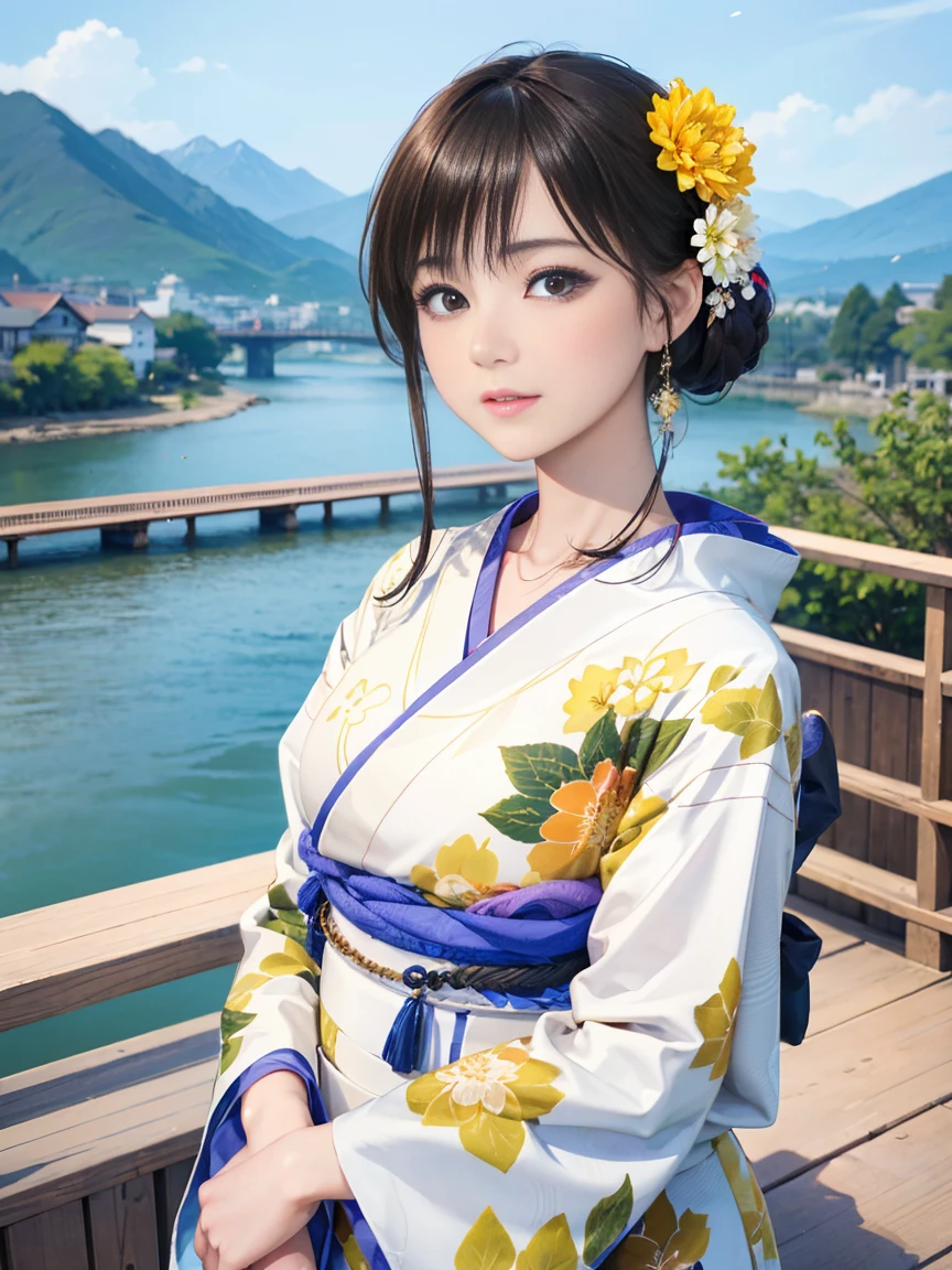 (Highest quality、 8k 、masterpiece、High resolution)、(whole body)、Vibrant colors、Brown-black bob、Traditional round topknot、Ample breasts、(Highly detailed face and eyes、Beautiful Face、Beautiful Eyes、Beautiful nose、Pretty lips)、 (Beautiful woman standing on a riverside observation deck)、(A friendly gaze)、(Oh!！Facial expression that)、(Vivid floral patterned kimono)、Official Art、  The background is a wide river、Nearby bridge、Riverside streetscape、Mountains in the distance、Detailed CG、