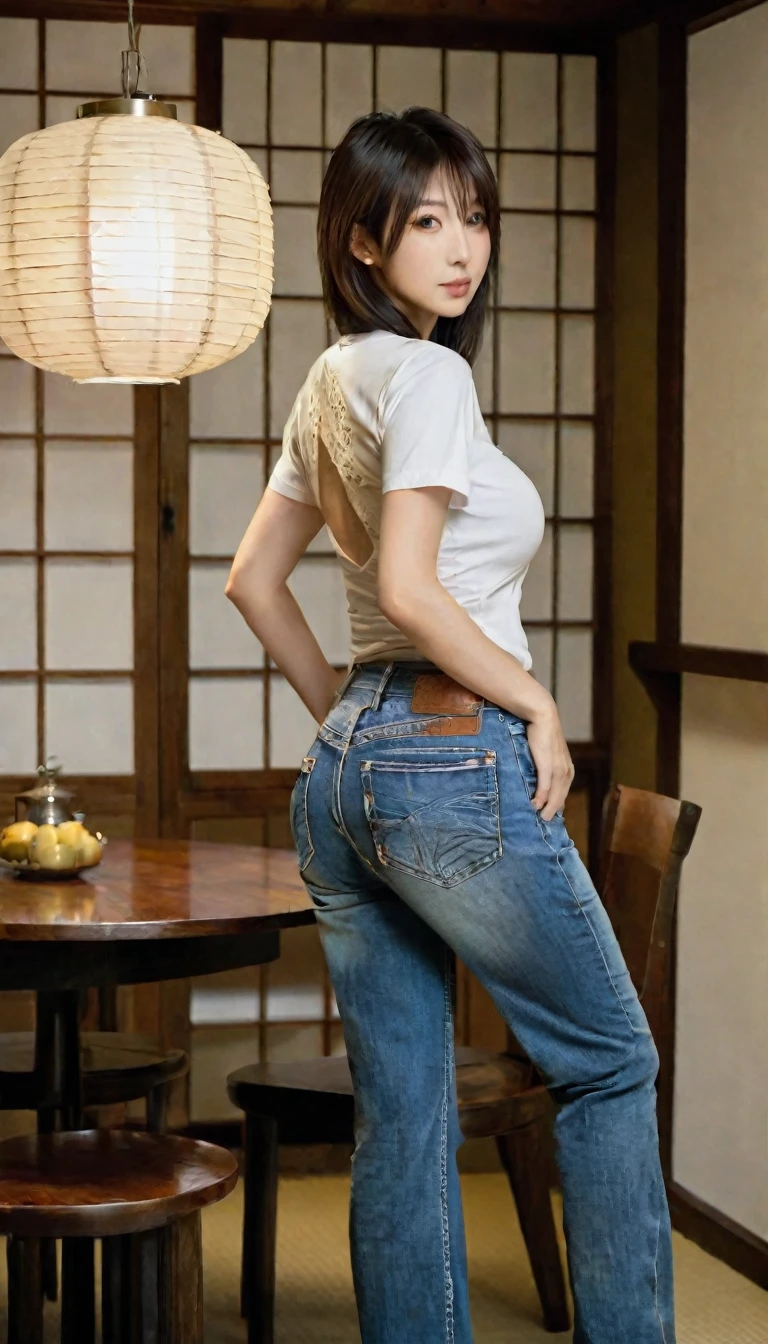 ((highest quality, table top, 8k、best image quality, very intricate and detailed details)), one Japanese woman, beautiful mature, 40 years old, standing, (full body:1.5), (perfect anatomy:1.3), from back, full body:1.5, beautiful back, T-shirt, jeans, perfect face and eyes, clump body, large breasts,  (The most moody and romantic warm lighting:1.2), very long shaggy hair, 