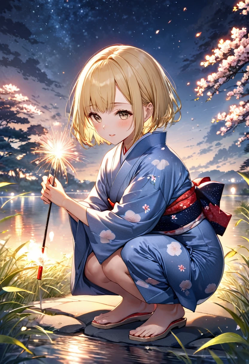 Create a scene featuring a cute girl with a blonde bob haircut enjoying senko hanabi (Japanese sparklers) while wearing a beautiful yukata with a traditional pattern. She is squatting down and holding the sparkler correctly: she grips the stick at the very top, and the burning end is pointed directly downward toward the ground. Emphasize that the flames and sparks are clearly falling downward to the ground. Her hand holding the sparkler should be shown clearly, with the sparkler pointing directly to the ground. The setting is a tranquil summer evening outdoors, with the soft glow of the sparklers illuminating her joyful and serene expression. The background includes elements like a traditional Japanese garden or a quiet riverside, under a starry night sky. Capture the peaceful and reflective mood of a summer night, emphasizing the quiet beauty and fleeting nature of the sparklers