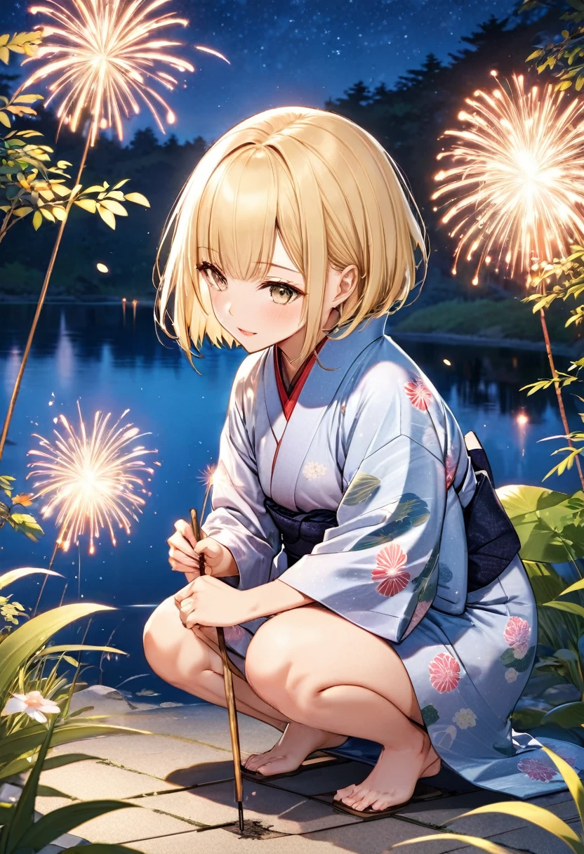 Create a scene featuring a cute girl with a blonde bob haircut enjoying senko hanabi (Japanese sparklers) while wearing a beautiful yukata with a traditional pattern. She is squatting down and holding the sparkler correctly: she grips the stick at the very top, and the burning end is pointed directly downward toward the ground. Emphasize that the flames and sparks are clearly falling downward to the ground. Her hand holding the sparkler should be shown clearly, with the sparkler pointing directly to the ground. The setting is a tranquil summer evening outdoors, with the soft glow of the sparklers illuminating her joyful and serene expression. The background includes elements like a traditional Japanese garden or a quiet riverside, under a starry night sky. Capture the peaceful and reflective mood of a summer night, emphasizing the quiet beauty and fleeting nature of the sparklers