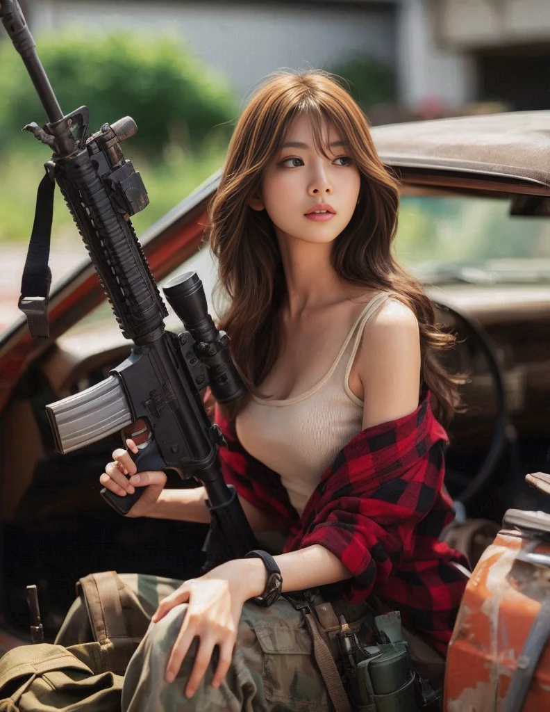 8k,Realistic Photo、Realistic Skin Texture、Superrealism、Japanese women living in America、Loading luggage into a worn-out convertible、Carrying a rifle on his shoulder