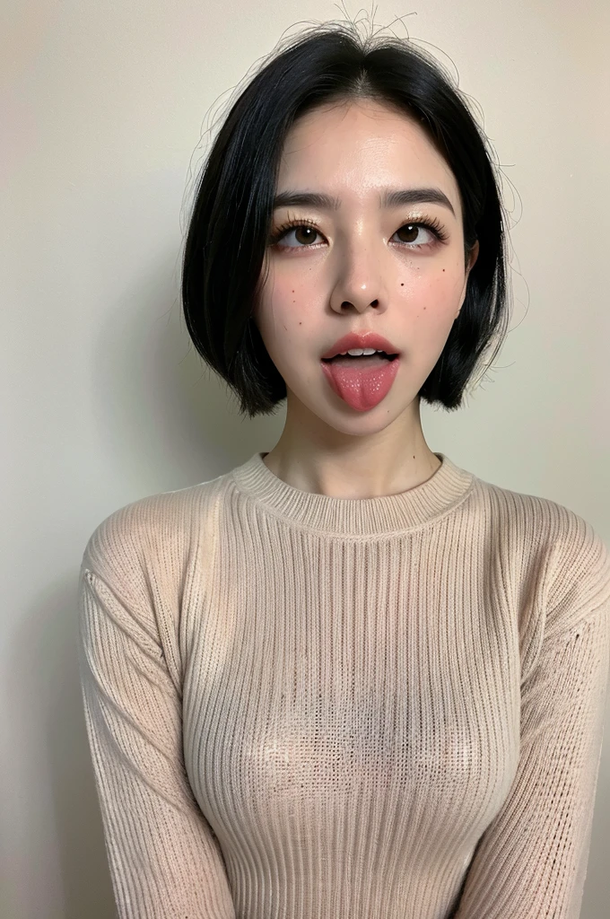 (masterpiece:1.3), (8k, Realistic, RAW Photos, Highest quality: 1.4), (One girl), Beautiful Face, (Realistic Face), (Black Hair, short hair:1.3), Beautiful hairstyle, Realistic eyes, Beautiful attention to detail, (Realistic Skin), Beautiful Skin, (sweater), Absurd, Charm, Ultra-high resolution, Ultra-realistic, Very detailed, Golden Ratio,White teeth,Pink Lips,