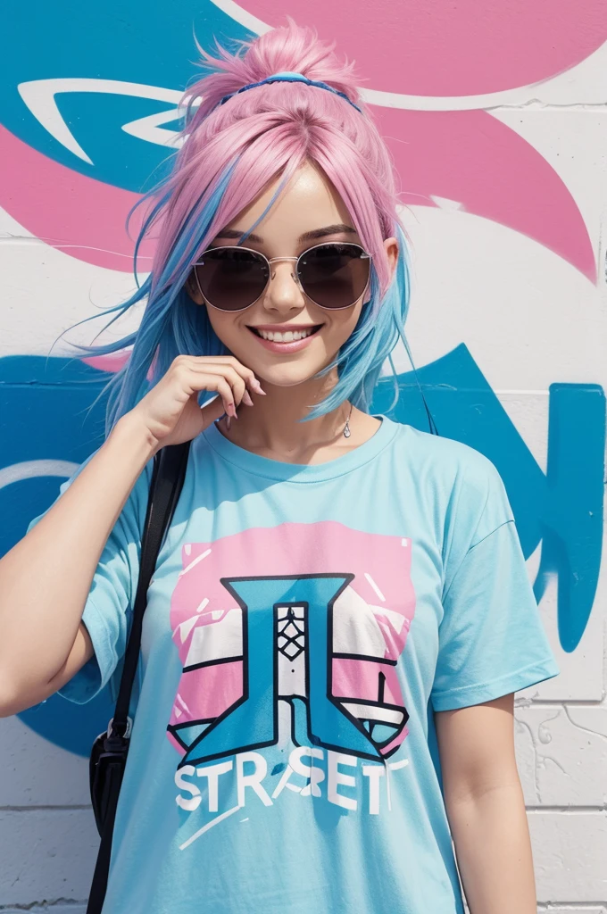 t-shirt_design, ("STREET" text logo:1.3), beautiful fricky smiling woman in pink sunglasses with blue hair, wind blows her hair, graffiti, (street style), colorful, t-shirt_design, clear background