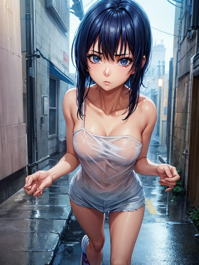 Girl, blue short, Unbuttoned Blouse, Blouse on a naked body,  You can see her breasts,  Bare breasts, chest visible, street  background, Narrow passage between houses, night, rain, slim body, In full growth, Sneakers , Bare breasts, She threw open her hands, small breast 