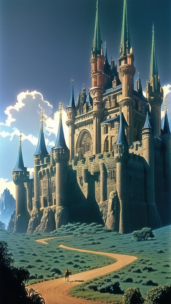 arafed image of a castle with a horse and carriage on a path, ralph bakshi, movie screen shot, still from a fantasy movie, animated movie scene, movie screenshot, oz, screenshot from the anime film, elaborate matte painting, animated movie shot, anime movie screenshot, inspired by Rodney Matthews, alien castle in background, michael whelan and pixar