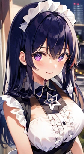 One Girl, (Ultra_detailed), (Written boundary depth), like , gloves, Mouth closed, Long Hair, star (symbol), View your audience, (Rainbow Hair ), Purple eyes, Upper Body, hair ornaments, :p, Frills, Maid dress, smile, Sleeveless, Maid, symbol pupils, fringe, star pupils, Maid caffe, Roaring years, Isoscale, From above, null, flower, cliff, Center of chest, (Folded), (With low-cut top), Maid, city, Tokyo、Long black hair、Big Breasts