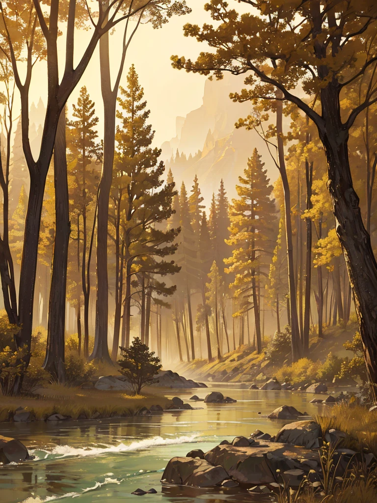 Wilderness landscape, trees, sepia tone, dramatic light, beautiful river