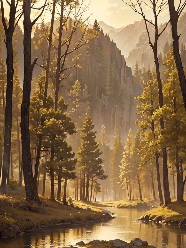 Wilderness landscape, trees, sepia tone, dramatic light, beautiful river