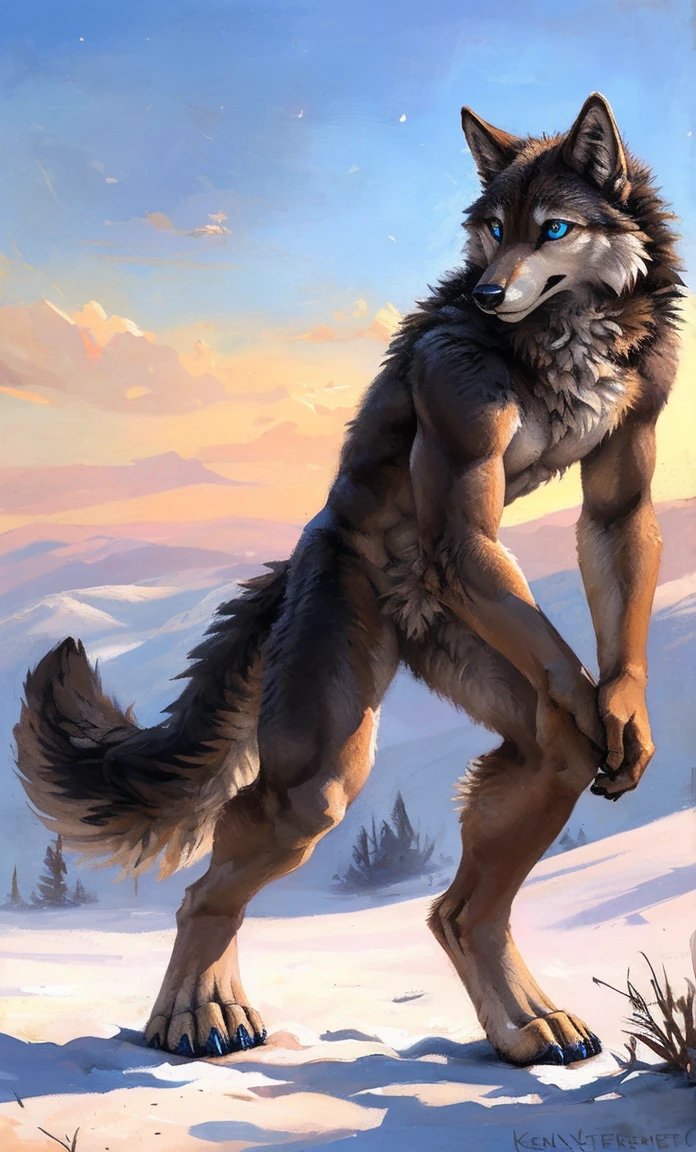 ((Solo)), male people, anthro wolf, (Multi-colored fur, White-brown:1.3,White tail pointed), (Height 2.1m,Tail length 1.5m), ((Wolf face, Big eyes, White eyelids, Blue pupil, Slim:1.2) (Tough, Calm expression:1.2)), Abs, Slim, pinging)), (Correct anatomy), Naked all over the body,A long big tail,Feet,(Realistic fur, Detailed fur texture, labeled:1.3)), (Natural lighting), Photorealistic, Hyperrealistic, ultradetailed, by Kenket,Snowfield,No artifacts, Running on