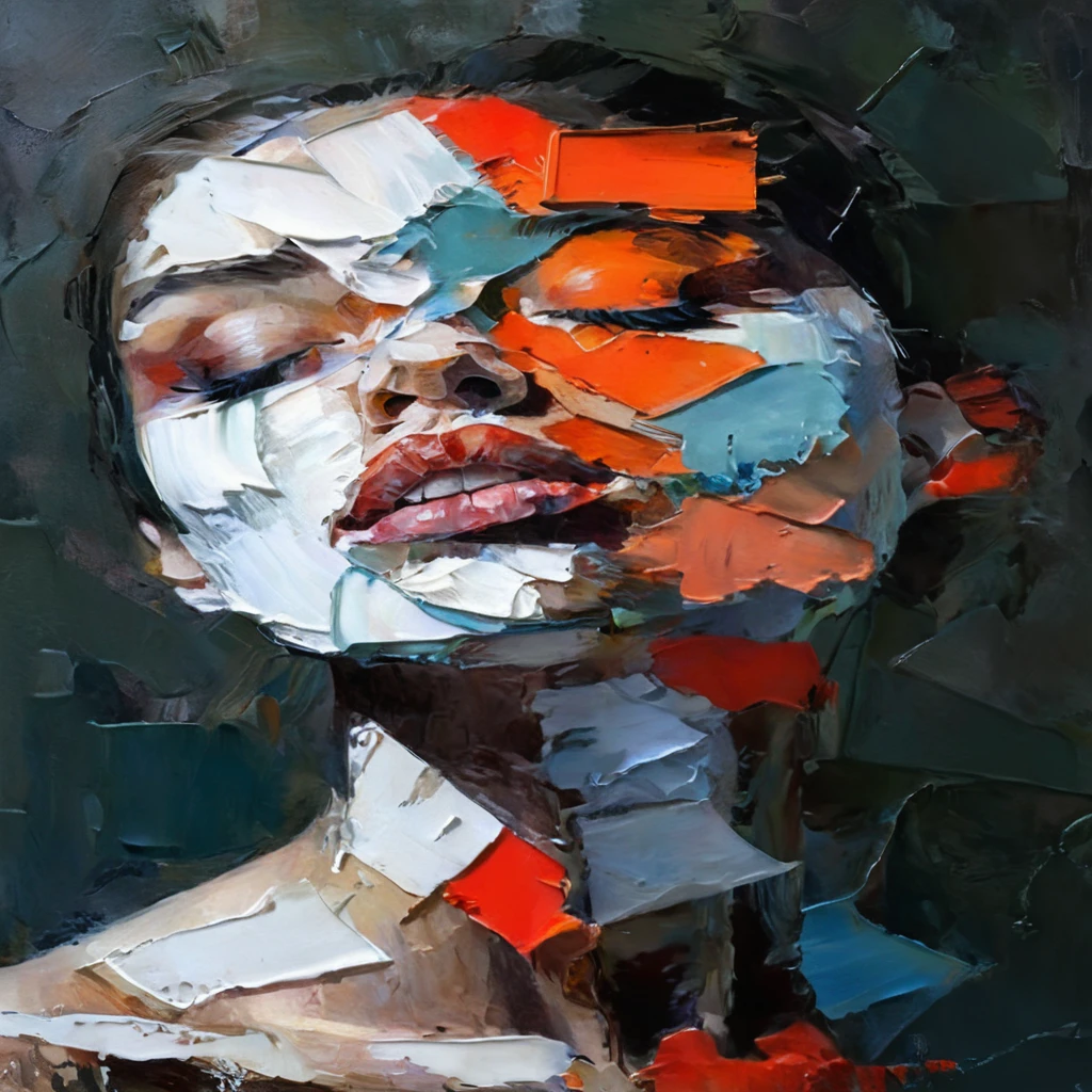 Painting of a woman with a face made of torn pieces, intricate and intense Oil paints, Abstract Portrait, intricate Oil paintsing artwork, Vadim Kashin. Ultra-realistic, detailed impasto, Portrait painted with paint, Swallowed, intricate and wet Oil paints, Oil paints, Trending Art, Artist Unknown, Painful expression, Ryan Hewett