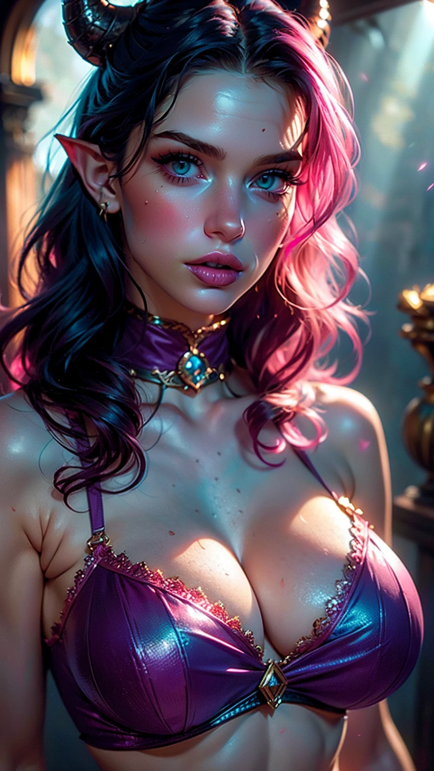 (((ultra realistic))) Photo, masterpiece, top quality, (pale skin), (Ultra detailed face and eyes:1.3), 1 girl, Adult, face portrait of pretty D&D female tiefling sorceress. She has blueish skin, long black curly hair, black eyeliner and eyeshadows, burgundy lipstick, amber eyes, surrounded by stars.in a (very tight) push up bra magical armor, ((Eye makeup, pink mascara)), ((fake detailed lips)), ((Teal wavy hair)), ((Stylish hairstyle)) , ({Gigantic|Big|Huge|Mega|Fake}breasts), (Slim waist). huge cleavage, , focus on humongous cleavage, (Soft) Lighting, (The play of light and shadows), depth of field, bokeh, (special attention to skin detail: 1.3), Detailed oiled leather texture, sweaty skin pores, (very {sweaty|oily} skin). (Erotic atmosphere of the frame. Color range - purple, Pink, Tones), UDR, ((Film grain)), ((rays)), (Glare), ((portrait, close to breasts)) , ultra detailed, tiefling, colored skin, horns, pointy ears, blue skin