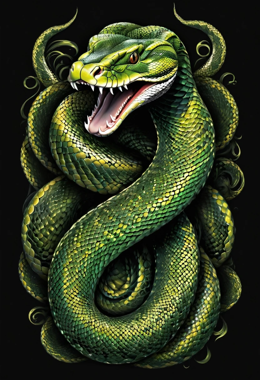 t shirt design, Create a menacing black t-shirt with a full-length Python motif inspired by the aesthetics of heavy metal music. The artwork features an elegant style, Golden and light green python coiled sinuously, its scales shining in the dim light. Python&#39;s mouth is wide open, revealing rows of sharp teeth dripping with blood, exuding a raw feeling, primitive aggression, bright sky and big sun in the background, improving the sinister atmosphere of the design. Python&#39;s eyes shine with a malevolent glow, capturing the essence of danger and violence. The overall style is bold and intense, embodying the dark and edgy spirit of heavy metal music.