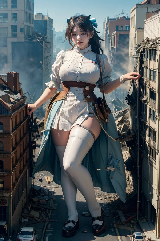 Fisheye Lens、looking at the camera、steampunk、Standing on top of a ruined building、Big building explosion、The building collapses、Urban hustle and bustle、Traffic jam、City of Rubble、street tree、Car and bus、truck、taxi、City boulevard、Pedestrian bridge、Streetcar route、((((Azur Lane Cheshire Cosplay))))、Frilled maid outfit、((Super huge breasts))、((Plump thighs))、Ground View,City of Giants,500 foot tall giant girl,skyscraper,Has super long legs,Step into the crowd,There are many people on the street,Knee-high socks、loafers,A happy look,Standing on the ruins,Beautiful appearance,Exquisite makeup,quality,8k,高quality,Perfect Proportions, Cinema Lighting,Film Grain,The Colors of Fuji,8k,Textured skin,Super Detail,High detail,high quality,High resolution,explode,False Smile、Reaching out