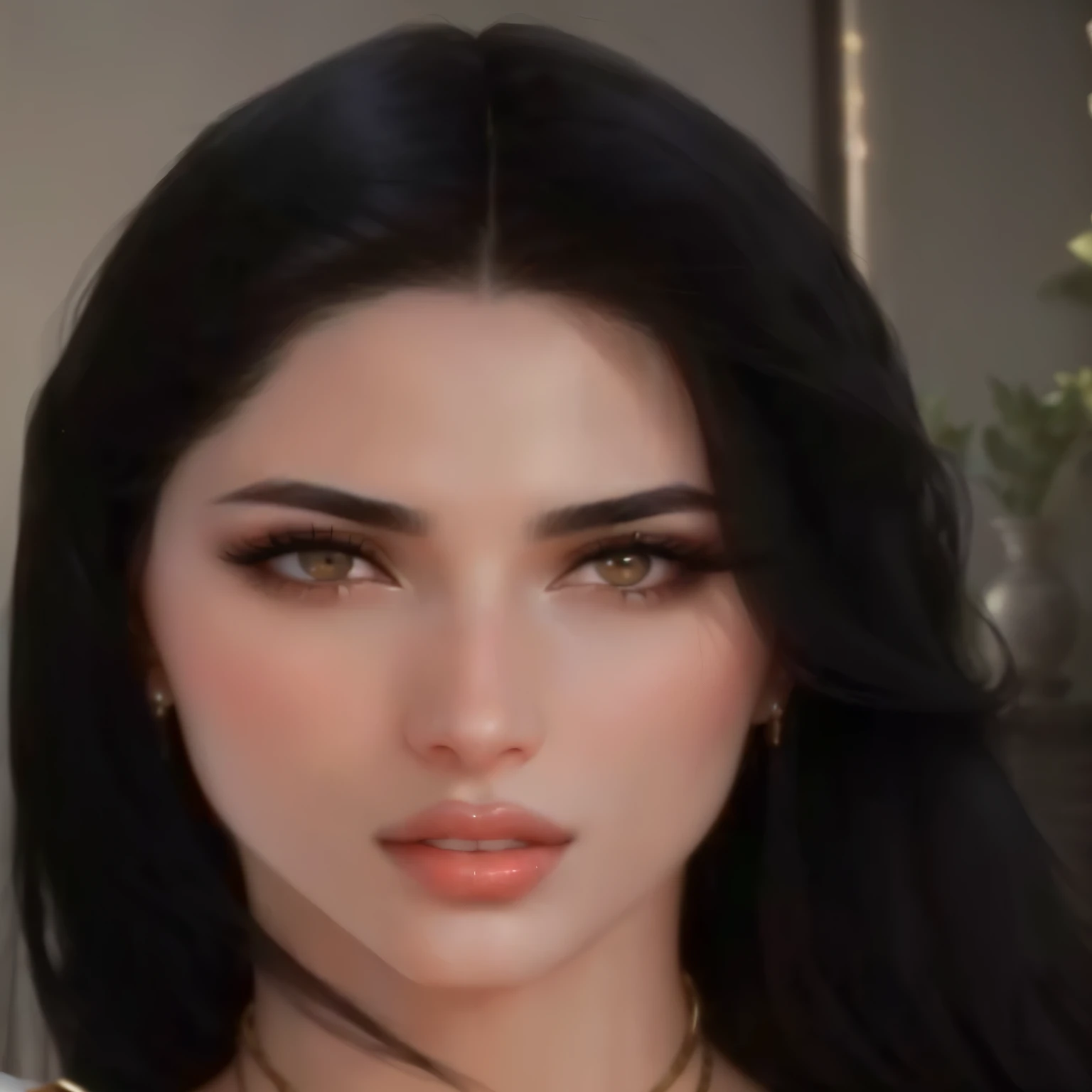 close-up of a woman with long black hair and a necklace, pale skinned persian girl, sexy face with full makeup, young arab monica belluci, beautiful iranian woman, beautiful arab woman, extremely beautiful face, very very very beautiful face, arabic ameera al taweel, the face of'an absurd beauty, with very thin lips