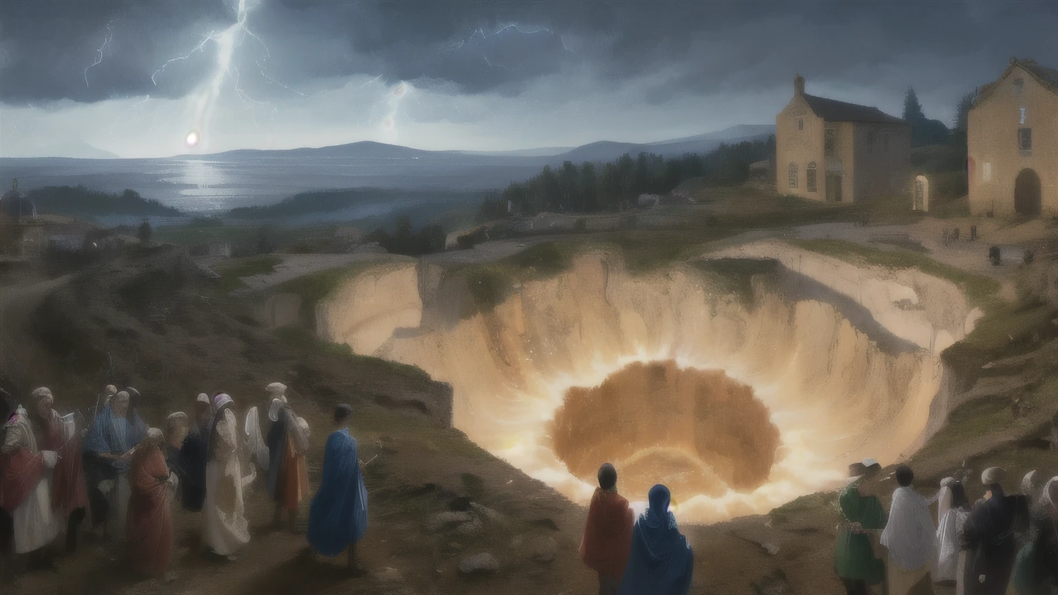 ((best quality)), ((masterpiece)), (detailed), A digital illustration of a bright lightning shining down on a giant digged hole surrounded by people in ancient clothing in a historical town setting