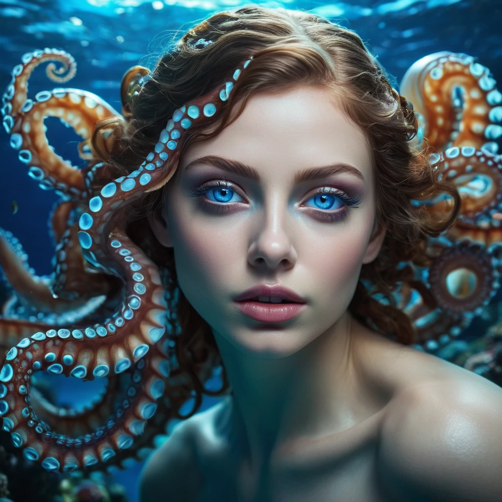 girl 18 years old, ((18 y.o)), pointed nose, masterpiece, best quality, realistic, bright lighting, ((blue eyes)), ultra high resolution, depth of field, (detailed face: 1.2), (detailed eyes: 1.2), (detailed background), (masterpiece: 1.2 ), (ultra detailed), (best quality), complex and complete cinematics, photography, (gradients), colorful, seductive,  (fit body), (light skin), slim waist,(best quality,4k,highres,masterpiece:1.2),ultra-detailed,(realistic,photorealistic:1.37), 1 beautiful medusa-like female alien, underwater, vibrant colors, bioluminescence, surreal, grotesque, beautiful detailed eyes, detailed lips, slimy skin, tentacles, intricate patterns, extraordinary creature, unique anatomy, ocean environment, dark abyss, mystifying, mysterious, haunting, eerie, fantasy, hybrid beauty, ethereal, enchanting lighting, With mesmerizing iridescent glowing markings adorning its body, the intricacies of its tentacle parts highlight the rich colors and beautiful soft light. The vast open waters serve as a vivid backdrop, allowing the octopus to soak in every detail, showcasing its Absurd and complex shapes in unparalleled quality. (realistic, hyper-realistic:1.5), thick eyeblows, (superdetailed beautiful blue eyes:1.8), smiling seductively, (no make-up:1.7), (Exoskeleton with beautiful nautilus design:1.8), pale and white skin with visible veins, beautiful nipples, facee paint with nautilus design, no hair completley bald