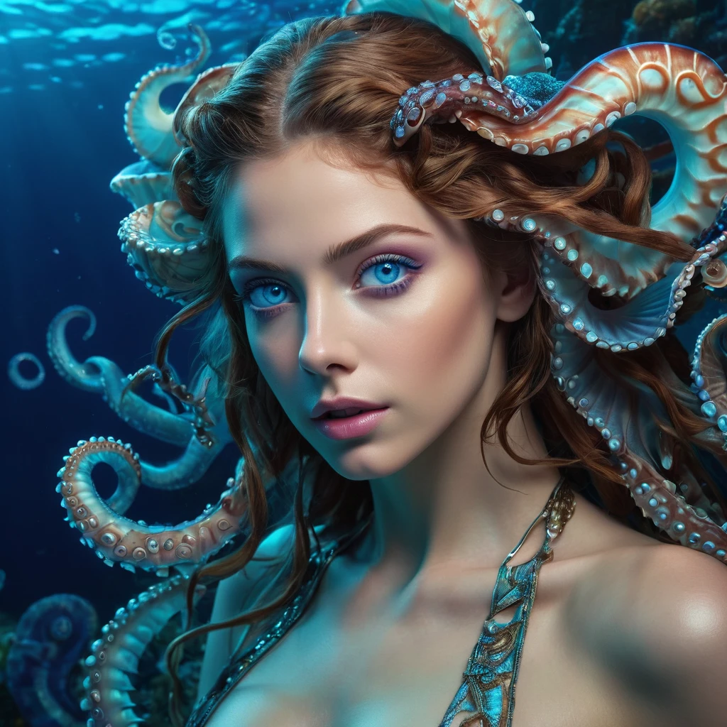 girl 18 years old, ((18 y.o)), pointed nose, masterpiece, best quality, realistic, bright lighting, ((blue eyes)), ultra high resolution, depth of field, (detailed face: 1.2), (detailed eyes: 1.2), (detailed background), (masterpiece: 1.2 ), (ultra detailed), (best quality), complex and complete cinematics, photography, (gradients), colorful, seductive, (fit body), (light skin), slim waist,(best quality,4k,highres,masterpiece:1.2),ultra-detailed,(realistic,photorealistic:1.37), 1 beautiful medusa-like female alien, underwater, vibrant colors, bioluminescence, surreal, grotesque, beautiful detailed eyes, detailed lips, slimy skin, tentacles, intricate patterns, extraordinary creature, unique anatomy, ocean environment, dark abyss, mystifying, mysterious, haunting, eerie, fantasy, hybrid beauty, ethereal, enchanting lighting, With mesmerizing iridescent glowing markings adorning its body, the intricacies of its tentacle parts highlight the rich colors and beautiful soft light. The vast open waters serve as a vivid backdrop, allowing the octopus to soak in every detail, showcasing its Absurd and complex shapes in unparalleled quality. (realistic, hyper-realistic:1.5), thick eyeblows, (superdetailed beautiful blue eyes:1.8), smiling seductively, (no make-up:1.7), (Exoskeleton with beautiful nautilus design:1.8), pale and white skin with visible veins, beautiful nipples, facee paint with nautilus design, no hair completley bald