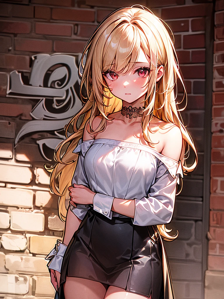 Ultra-realistic 8K CG, masterpiece, ((Highly detailed background, Delicate pattern, Intricate details)), Highest quality, Intricate detailss, chromatic aberration, One girl, Long Hair, Blonde, Messy Hair, Red highlights, Hair on one eye, Sharp eyes, choker, Brick wall, graffiti, Dim lighting, alley, Oversized shirt,Off the shoulder, Sheer white shirt, masterpiece, Highest quality