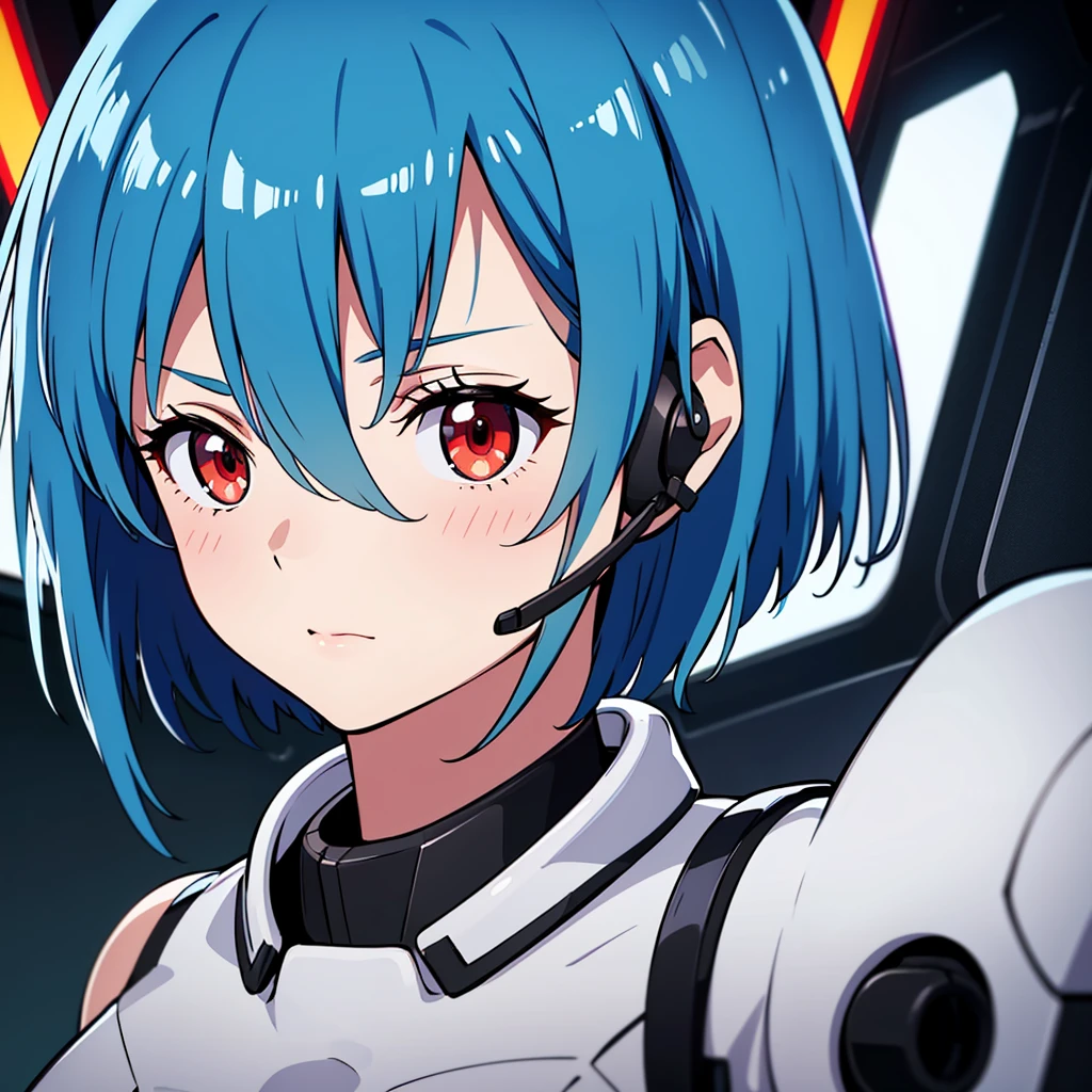 (Highest quality:1.2),One girl,alone,Ayanami Rei,White bodysuit,Red eyes,Pilot Suit,short hair,Blue Hair,bangs,Interface Headset,turtleneck,Hair between the eyes,Pixelated Background,Neon Light,Sci-Fi Color Scheme,Vibrant colors,Metallic texture,Detailed shading,Holographic interface,Dark atmosphere,High Contrast,Sharp focus,Twigs of hair,Reflective surface,Exquisite detail,High resolution,Studio Lighting,Red accents,Illuminated surroundings,Artificial Intelligence Assistant Information
