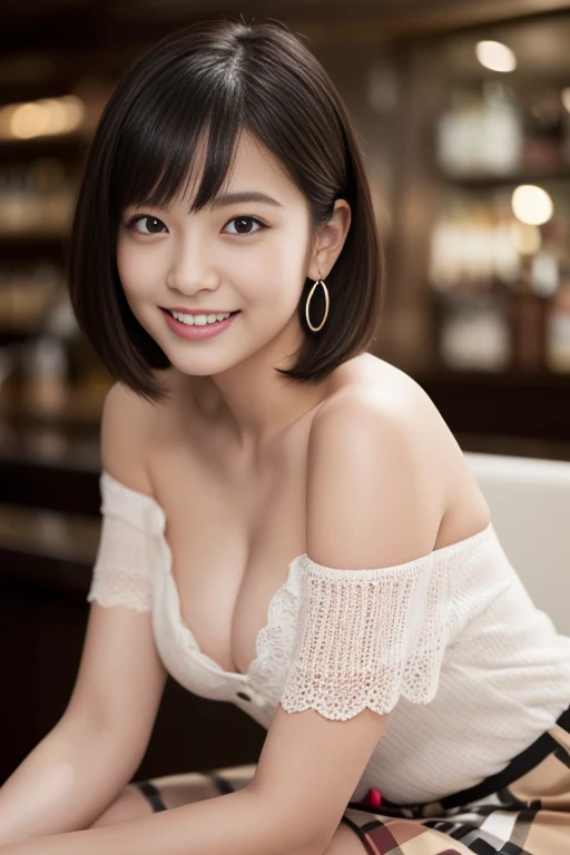 (masterpiece)、(Highest quality:1.5)、(Photorealistic:1.2)、(Surreal), (High resolution), (Realistic), (Post-processing),(Sharp focus), Sharp focus:1.2,Backlight, (Improvement of quality:1.4), (Narrow waist)、((Perfectly detailed five-fingered hands)),(Anatomically correct body)、((1 female:1.4))、Japanese、Realistic Skin、(Small chest:1.4)、Bust size is A cup、Pretty woman with perfect figure:1.4,(from the front:1.5), (Enhances the beauty of skin texture:1.1),No makeup、美しいBlack Hair、smile、Natural color lip、(Small Mouth:1.4)、The mouth is not open、Thick lips、(Oval Face)、Even bangs、Hide eyebrows with bangs、((33-year-old woman))、Bob Hair、Hair blowing in the wind, (Black Hair, Iris, Watery eyes, Shining Eyes, Bob cut hair, Small earrings,), Hair behind the ear、No makeup、(Drooping eyes)、(((One lovely woman)),((優しい大きなsmile)),(( Small breasts,Small breastsの谷間)),((((Plump Cheeks)))),very cute,(Baby Face),Raccoon face、 ((Dark interior with eye-catching neon lights、No window、Alcohol is displayed、Dark Room:1))(Photorealistic)、(Off-the-shoulder knit、Short length、Very short Burberry check mini skirt)((Neon tube background))bar counter、Sitting on the couch、Lift your legs(Erotic and seductive gravure poses))((Full Body Shot))(((I can see up to my ankles)))