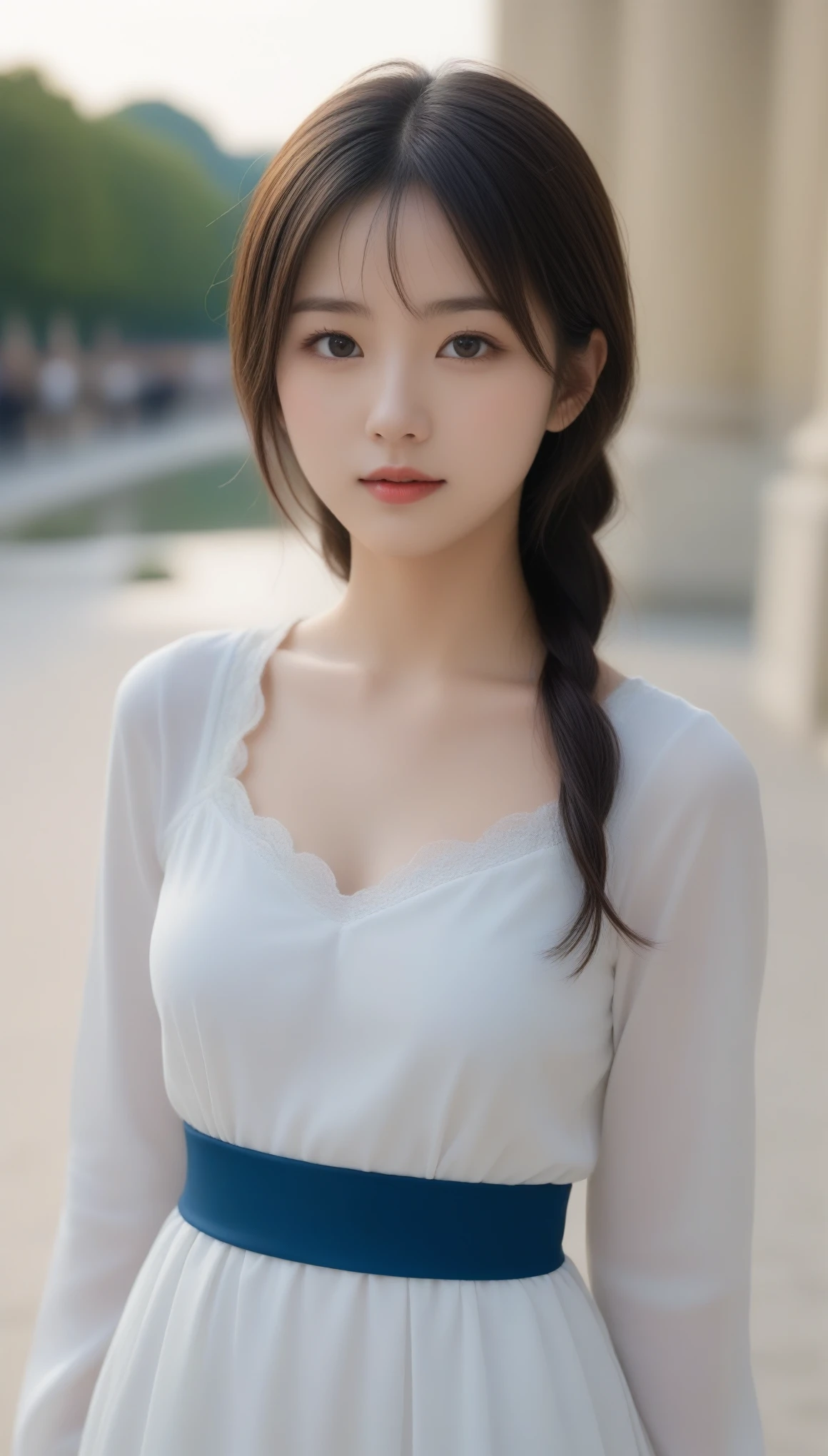 8k, Ultra-high resolution, Highest quality, masterpiece, 三分割法によるphotograph,Surreal, photograph, 1 Girl, (:1.3), pretty girl, Cute Face, Beautiful eyes in every detail, 細かくdetailedに,masterpiece,One Girl:1.2, Japan Female Announcer,upper body,disgust,Long black hair,Pulled back hair,(Dressed in medieval European clothing:1.3),(印象派の美しい少女のPortraiture), (Standing in the square of the Palace of Versailles:1.3), (After the Rain), (Sunset reflection), (Impressionist light and colour),Realistic Skin, Perfect and beautiful face ,完璧でCute Face, Skin with attention to detail, Perfect limbs、Narrow waist,Looking at the audience、beauty,Long neck,clavicle,(((Ideal body type))),A cup small breasts :2,Portraiture:2,Perfect Anatomy,鮮明なdetailed,detailed,Surreal,Light and shadow,darkness