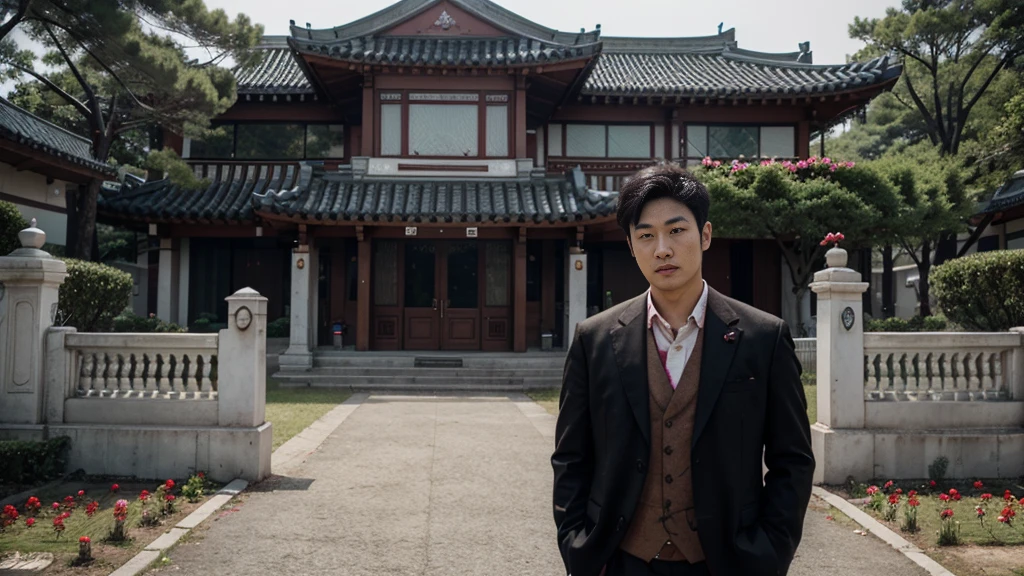 a man korean in front of a mansion full of blood. There are flowers and money around her.