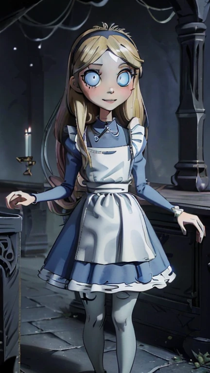 best quality,masterpiece,1girl,solo,(((13years old))),japanese girl,an extremely cute and handsome girl,highly detailed beautiful face and eyes,petit,cute face,lovely face,baby face,shy smile,show teeth, Blonde hair,long hair,flat chest,skinny,slender,(((wearing a AliceWaifu, blue dress, white pantyhose, apron, black hairband))),(((standing in Dark Midnight gothichorrorai Disneyland))),he is looking at the viewer,style of  TimBurton Animation, upper body close up 