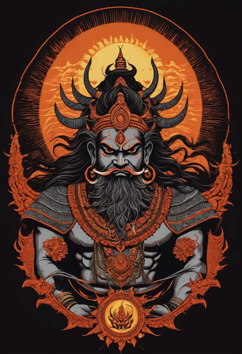 t shirt design, Design menacing black t-shirt with Kumbhakarna (a powerful rakshasa and younger brother of Ravana from the Hindu epic Ramayana.) motif inspired by the aesthetics of heavy metal music. The artwork features an elegant style, winding sinuously, its scales shining in the dim light., revealing rows of sharp teeth dripping with blood, exuding a raw feeling, primitive aggression, bright sky and big sun in the background, improving the sinister atmosphere of the design. the eyes shine with a malevolent shine, capturing the essence of danger and violence. The overall style is bold and intense, embodying the dark and edgy spirit of heavy metal music.