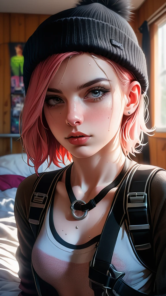 a beautiful pale skin punk Dutch girl, 21yo, with exquisitely detailed face and eyes, wearing harness and beanie, seductive makeup, skin pores and piercing, posing indoors in messy bedroom with dappled lighting, backlighting and film grain, photographed on Sony A7R IV with 18mm F/1.7 cine lens, highly detailed, intricately detailed, 8k, HDR, seductive pose, front view, upper body