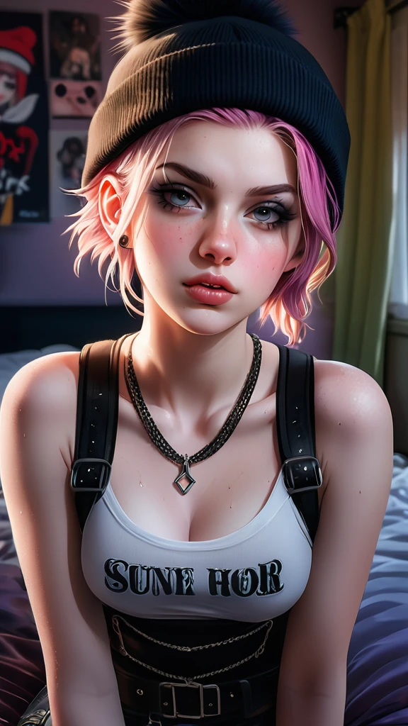 a beautiful pale skin punk Dutch girl, 21yo, with exquisitely detailed face and eyes, wearing harness and beanie, seductive makeup, skin pores and piercing, posing indoors in messy bedroom with dappled lighting, backlighting and film grain, photographed on Sony A7R IV with 18mm F/1.7 cine lens, highly detailed, intricately detailed, 8k, HDR, seductive pose, front view, upper body