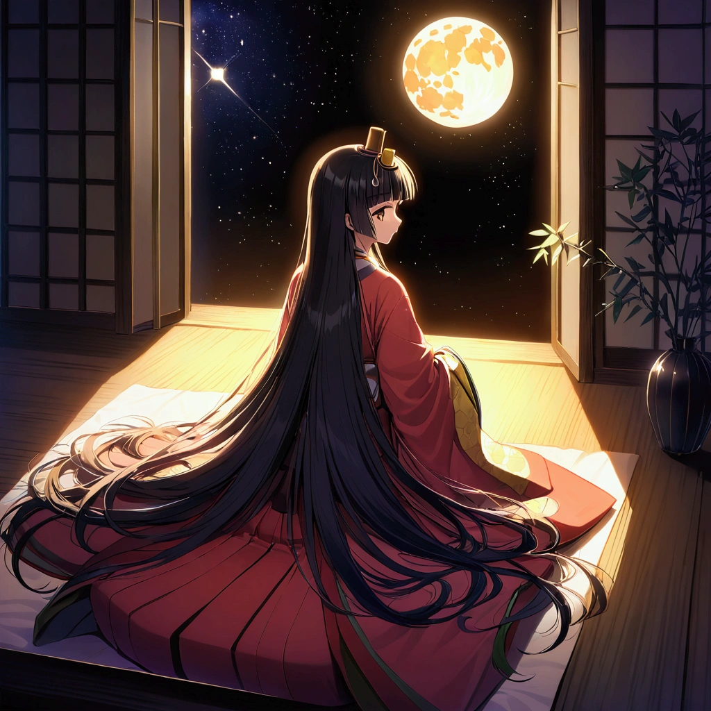 The World of Kaguyahime, hinamatsuri ohinasama, (heian red:1.1) japanese clothes, wide sleeves, red (karaginumo:1.1), layered kimono, 1girl solo, black hair (hime cut:1.2) very long hair spread out, from behind, From (beautiful bamboo grove:1.1) she sees (full moon:1.1), wide shot, cinematic lighting, beautifully lit, starry sky, light particles, 