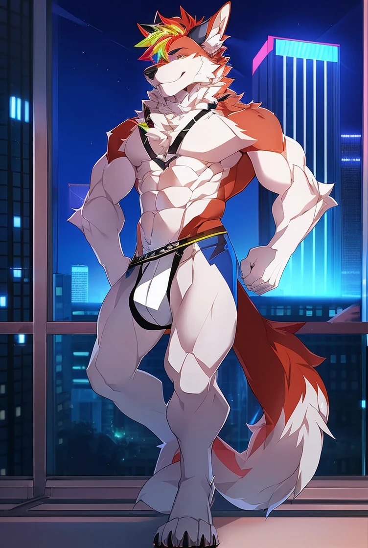 ((Solo)), male people, anthro wolf, (Multi-colored fur, White tail pointed), (Height 3meters,Tail length 2meters), Abs, pinginuscular, A long big tail, by patto, modern city