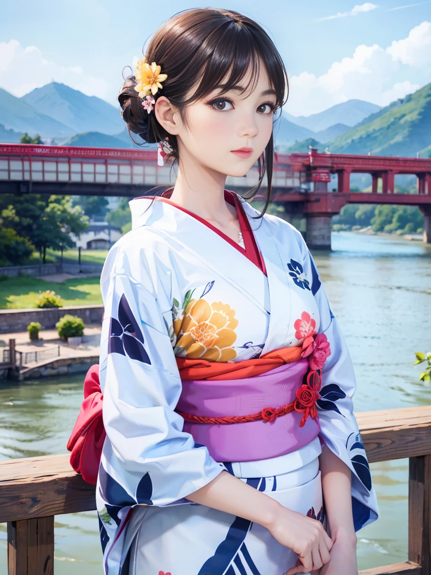 (Highest quality、 8k 、masterpiece、High resolution)、(whole body)、Vibrant colors、Brown-black bob、Traditional round topknot、Ample breasts、(Highly detailed face and eyes、Beautiful Face、Beautiful Eyes、Beautiful nose、Pretty lips)、 (Beautiful woman standing on a riverside observation deck)、(A friendly gaze)、(Oh!!Facial expression that)、(Vivid floral patterned kimono)、Official Art、 The background is a wide river、Nearby bridge、Riverside streetscape、Mountains in the distance、Detailed CG、