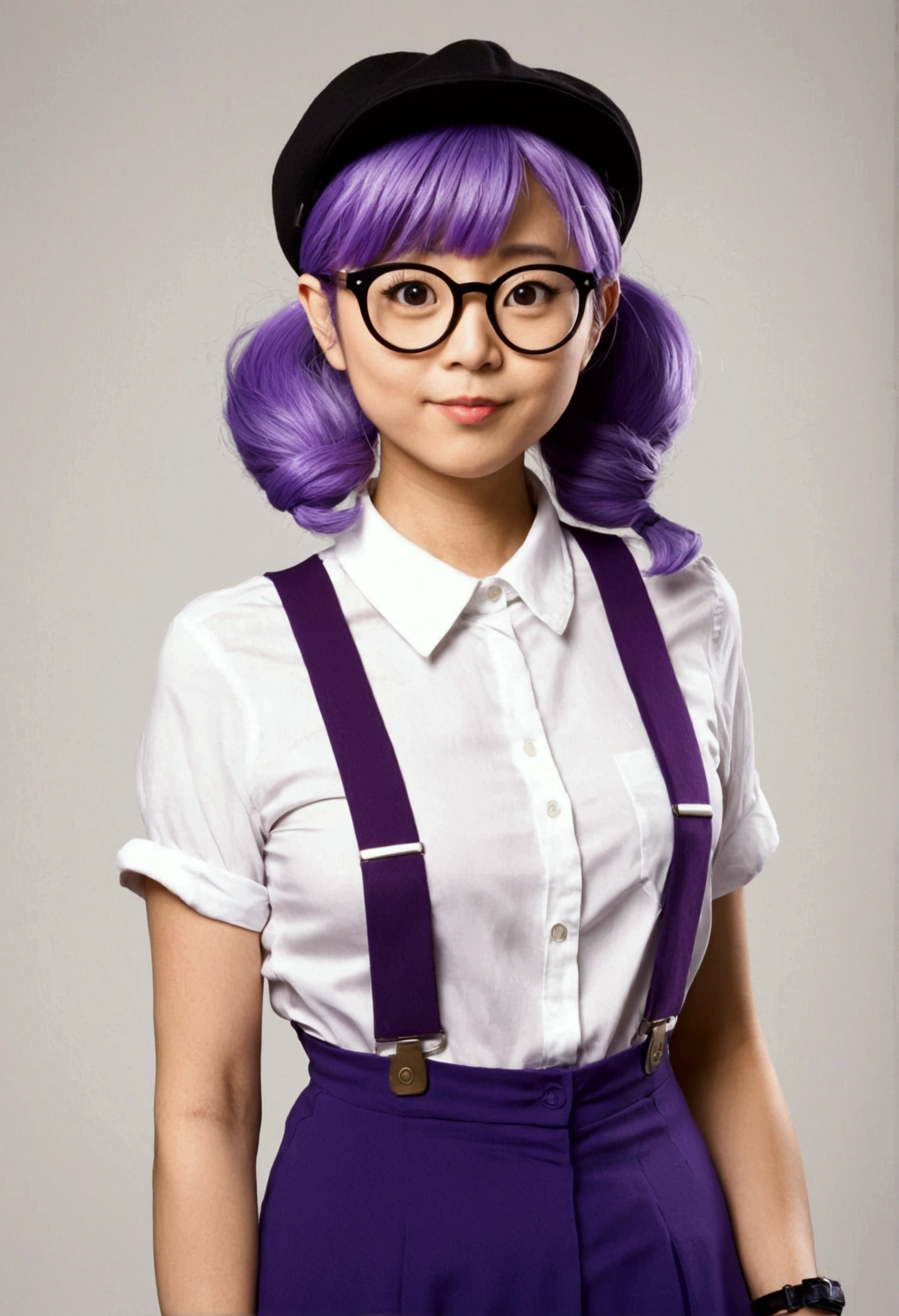 Please draw Arale-chan as a 30-year-old. Arale-chan has grown taller and has more mature, adult-like features, but she still retains her iconic large round glasses and playful expression. Her hair is long and purple, styled in a modern way, and her physique is more womanly. Her overall appearance reflects that of an adult woman. She is wearing a stylish outfit suitable for an adult, incorporating elements of her original suspenders and cap.