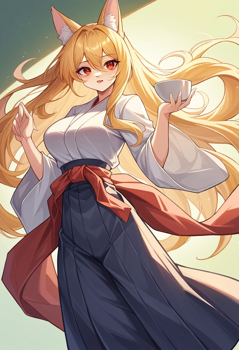 (full body,A Cup),Fox woman, Furry, Golden fur, Golden facial fur, long golden hair, The hair on his hands is golden, Golden yellow hair on the back of the hand, Light-filled eyes, Red eyes, Brown elements of fur,Hakama,Beautiful light and shadow, Zhou Xianguang's ultra-fine fur, Fluffy tail,Flat Chest,