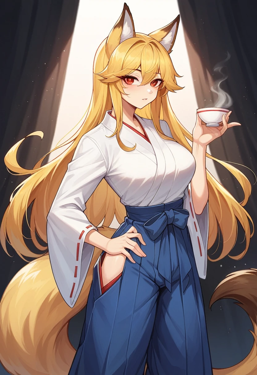 (full body,A Cup),Fox woman, Furry, Golden fur, Golden facial fur, long golden hair, The hair on his hands is golden, Golden yellow hair on the back of the hand, Light-filled eyes, Red eyes, Brown elements of fur,Hakama,Beautiful light and shadow, Zhou Xianguang's ultra-fine fur, Fluffy tail,Flat Chest,