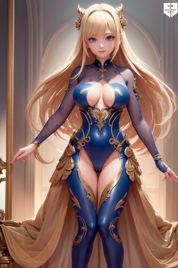 people、woman、blue eyes、Blonde Hair、smile、A sexy costume made of semi-transparent vinyl、Full body image、Very large breasts、Standing pose、 BREAK 背景はサイバーパンク , BREAK looking at viewer, BREAK (masterpiece:1.2), Highest quality, High resolution, Unity 8k wallpaper, (figure:0.8), (Beautiful attention to detail:1.6), Highly detailed face, Perfect lighting, Highly detailed CG, (Perfect hands, Perfect Anatomy), information